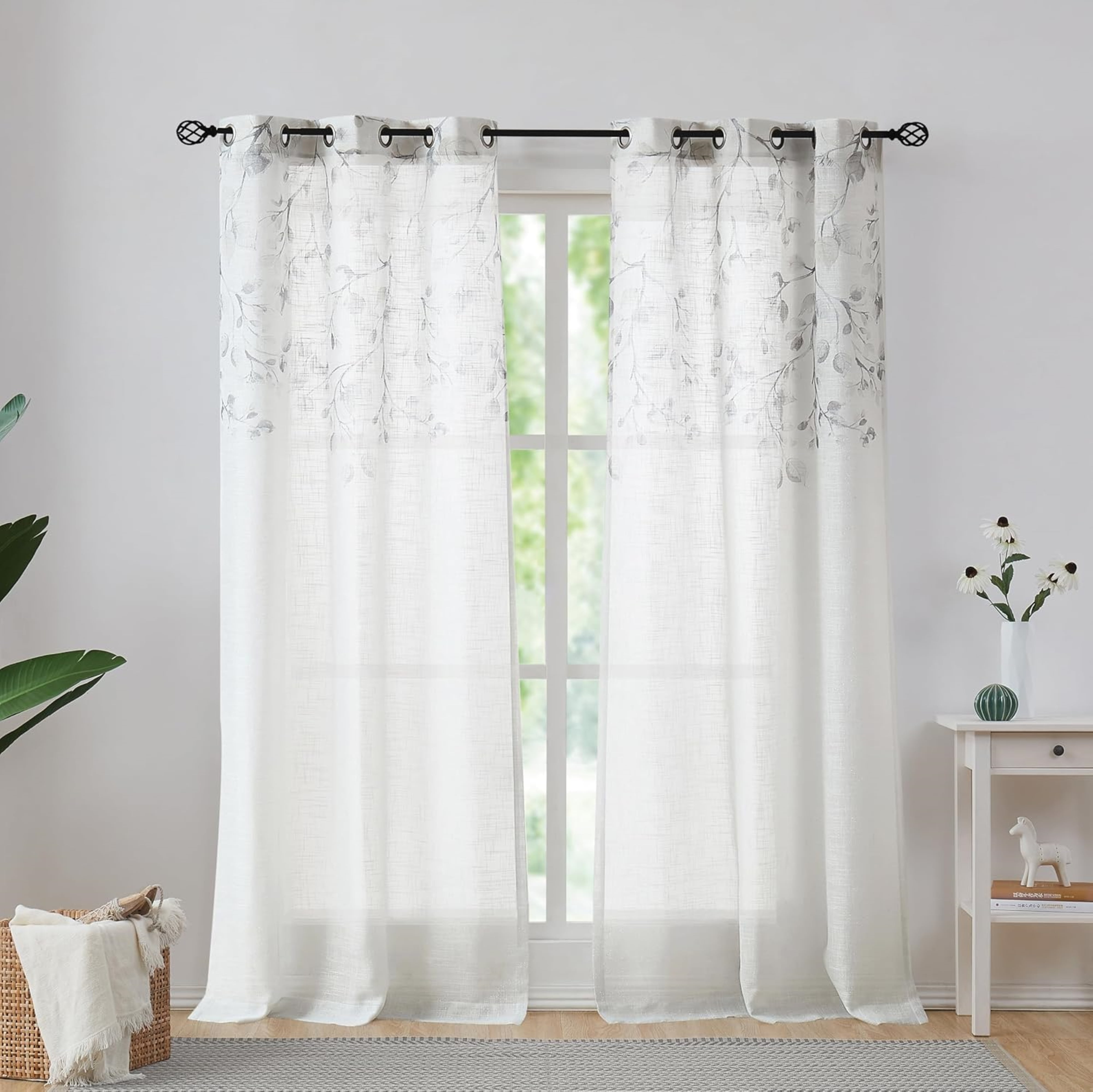 Uptown Home Leaf Rustic Gray Tan Textured Metallic Sheer Autumn Fall Grommet Top Curtains, 40"x84", 2 Panels