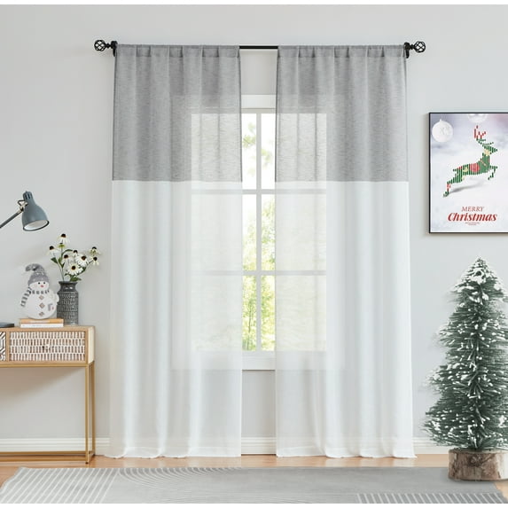 Uptown Home Gray White Color Block Sheer Farmhouse Window Curtain Panels for Living Room Linen Drape Treatment with Rod Pocket for Bedroom, 50"x84"x2