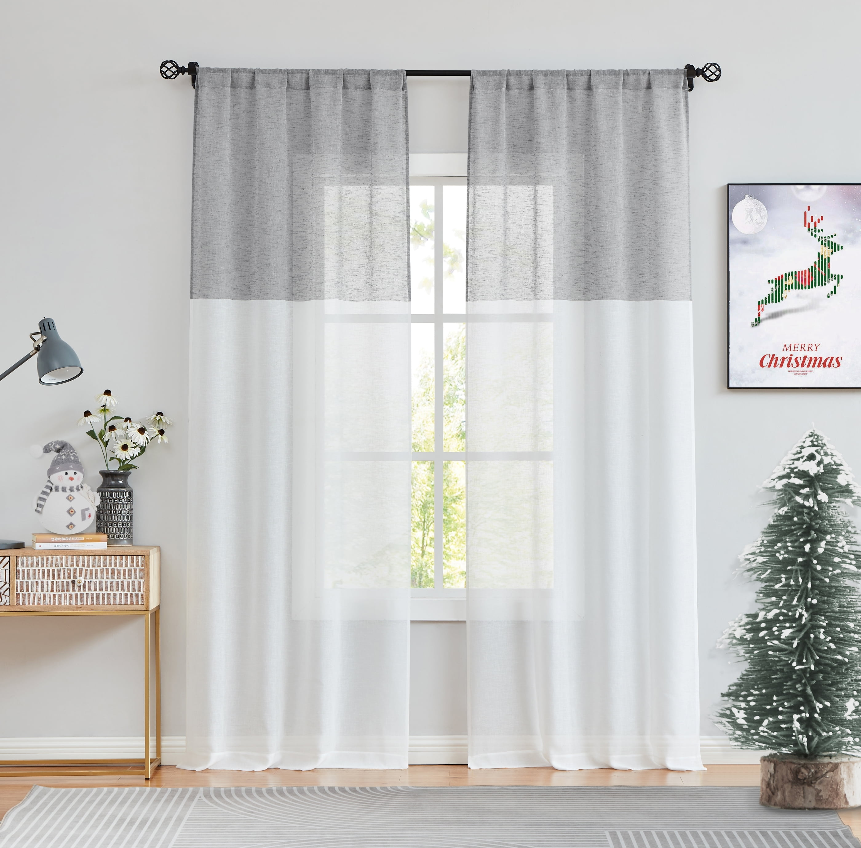 Uptown Home Gray White Sheer Linen Rustic Drapes for Bedroom Color Block Filtering Light Window Curtain Panels with Rod Pocket, 50"x95"x2