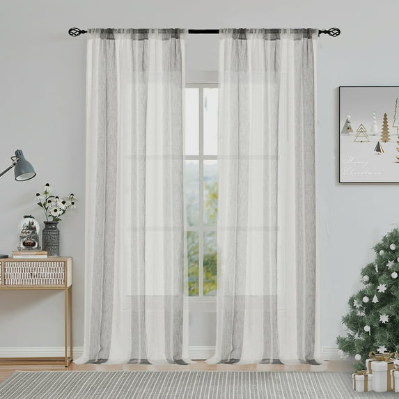 Uptown Home Gray White Stripe Sheer Window Curtain Panels for Living Room Farmhouse Yarn Dyed Linen Filtering Light Rod Pocket Bedroom Drapes, 50"x 84"x2