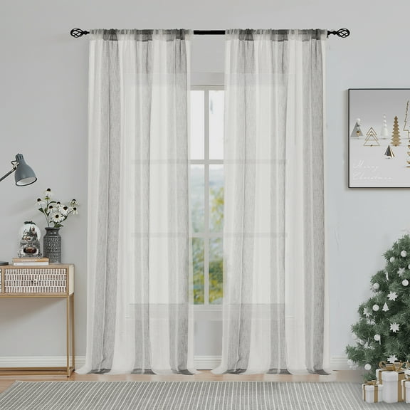 Uptown Home Gray White Stripe Sheer Window Curtain Panels for Living Room Farmhouse Yarn Dyed Linen Filtering Light Rod Pocket Bedroom Drapes, 50"x 84"x2