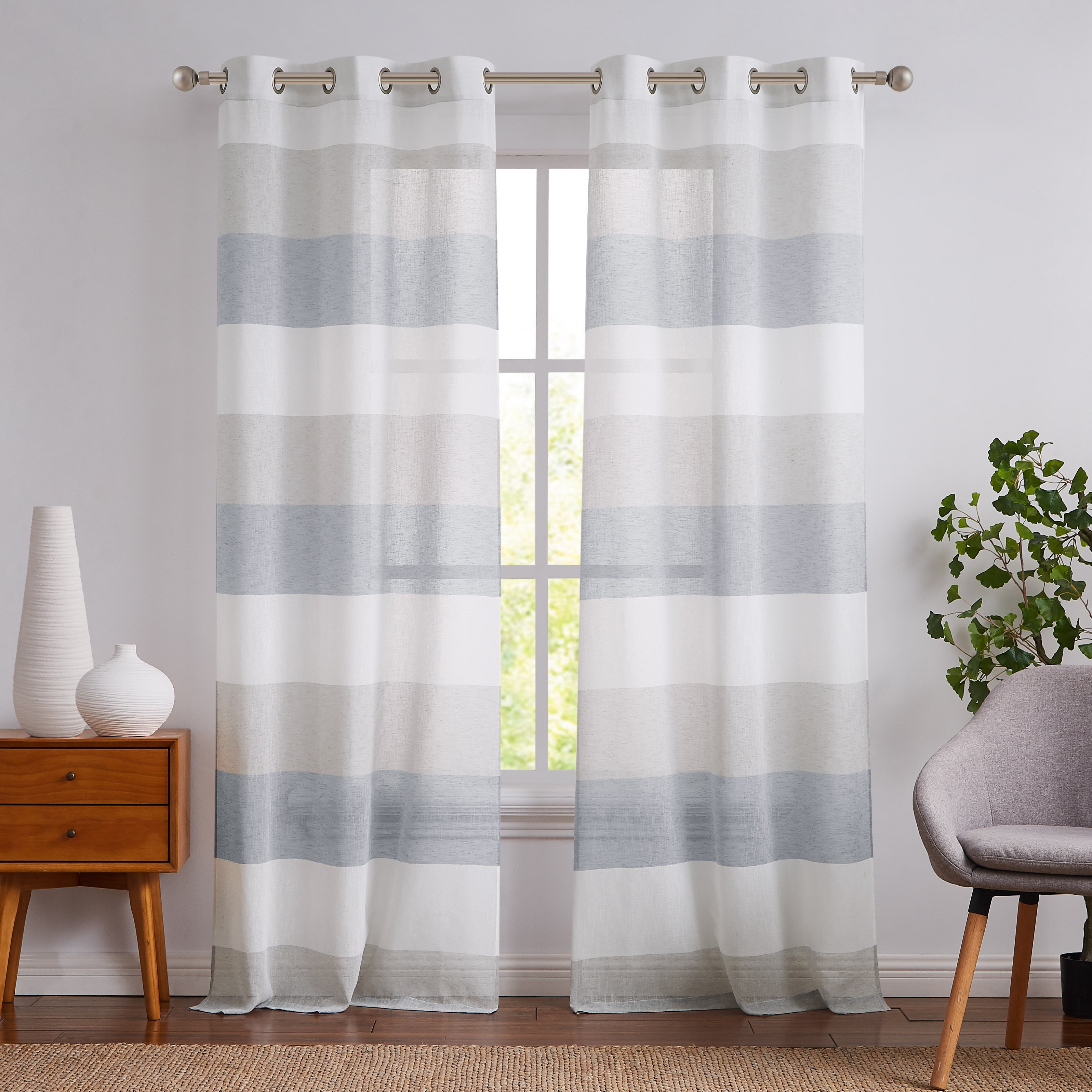 Uptown Home Gray and Smoke Blue Color Block Grommets Window Sheer Curtain Panel for Bedroom Stripe Window Treatment for Living Room, 40"x95"x2