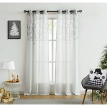 Uptown Home Leaf Floral Print Metallic Sheer Linen Window Curtain Panel for Living Room Rustic Sparkling Decorative Grommets Top Drapes, Gray Tan, 40"x84"x2