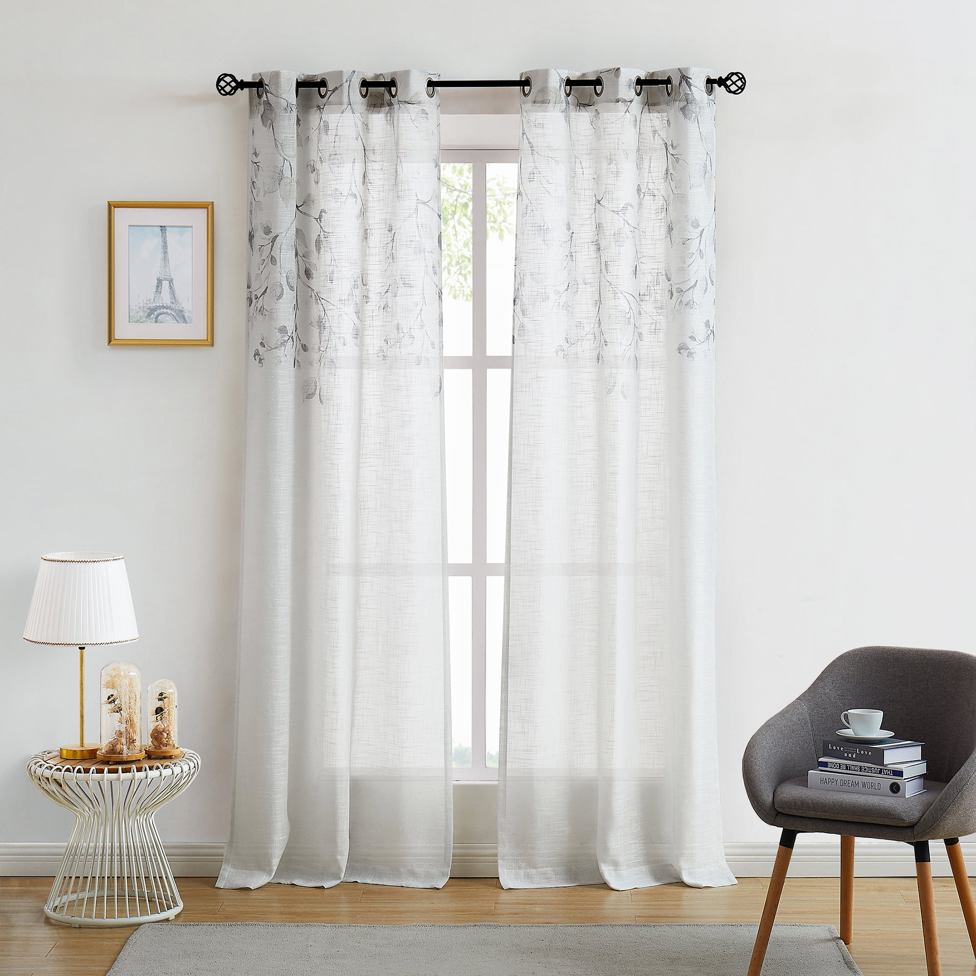 Uptown Home Leaf Floral Print Metallic Window Curtain Panel 95 inch Length 2 Panels Set Gray Tan