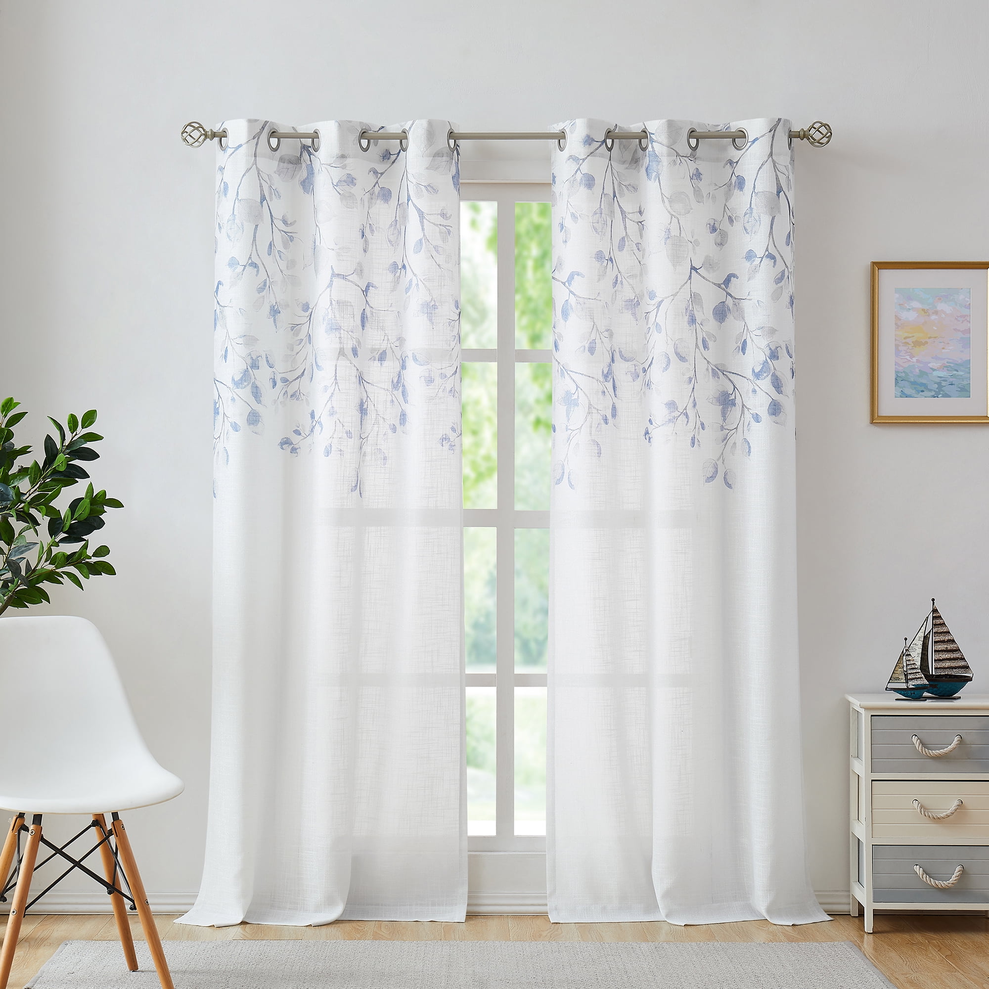 Uptown Home Navy Blue Leaf Floral Print Metallic Sheer Curtain Autumn Fall Window Curtain Panel for Living Room Rustic Sparkling Decorative Grommets Top Farmhouse Drapes,40"x84"x2