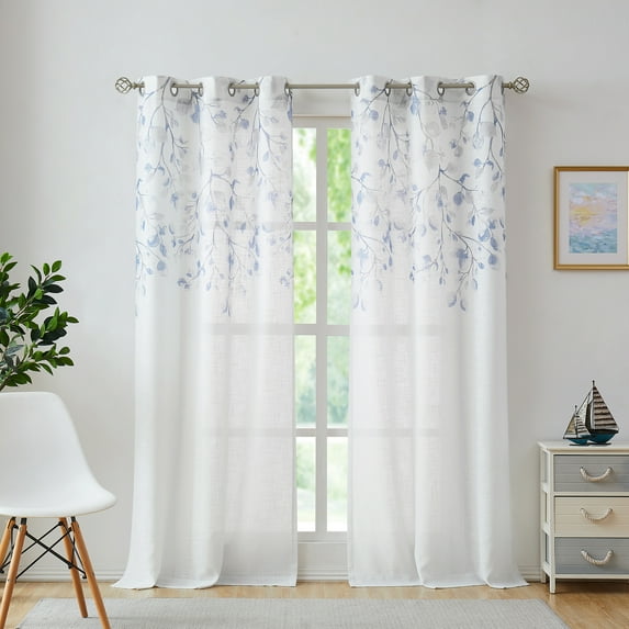 Uptown Home Navy Blue Leaf Floral Print Metallic Sheer Curtain Autumn Fall Window Curtain Panel for Living Room Rustic Sparkling Decorative Grommets Top Farmhouse Drapes,40"x84"x2