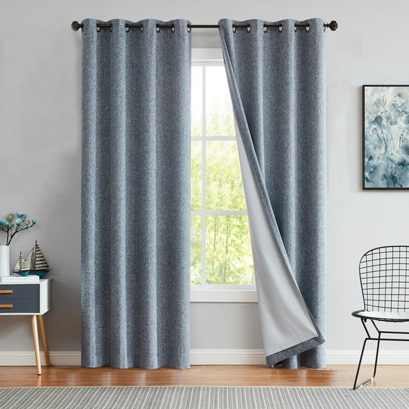Uptown Home Navy Blue Solid Heavy Linen Textured Full Blackout Curtain Panle for Bedroom Living Room Office with Gray Liner, Grommet, 50"x84"x2