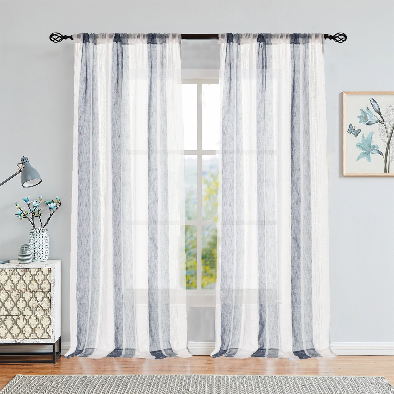 Mindra Light Gray Striped Navy Tassel Trim Curtain