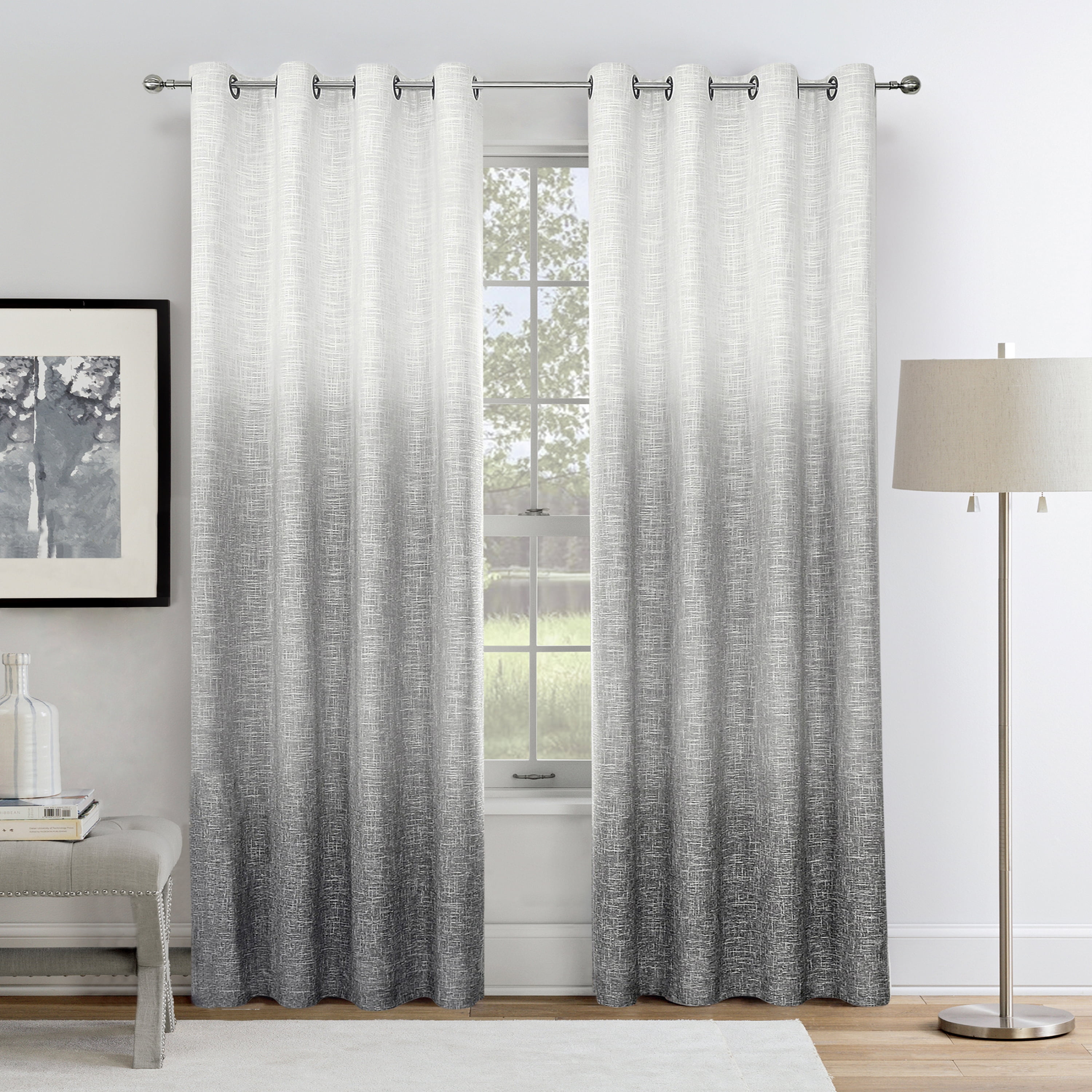 Uptown Home Ombre Full Blackout Curtain Panels Noise Reducing Window Treatment Drapes for Bedroom. Linen Texture for Living Room, Cream White to Gray, Grommet, 50"x95"x2