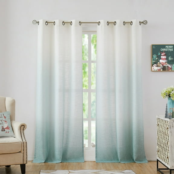 Uptown Home Ombre Teal Window Curtain Panel for Living Room Semi Sheer Texture Grommet Window Treatments for Bedroom, Cream White to Teal, 40"x84"x2