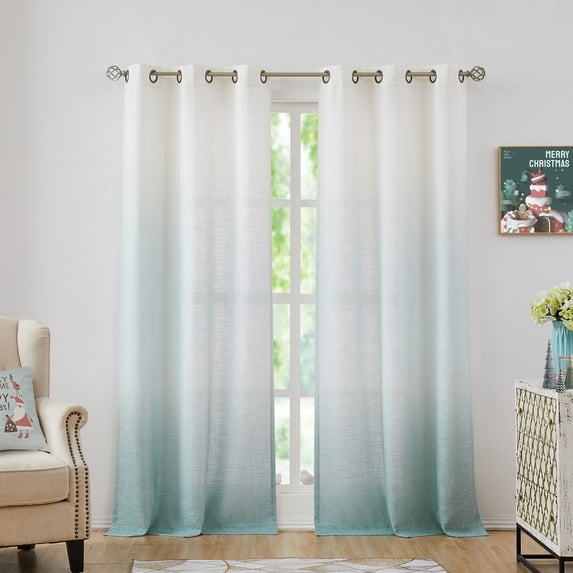 Uptown Home Ombre Teal Window Curtain Panel for Living Room Semi Sheer Texture Grommet Window Treatments for Bedroom, Cream White to Teal, 40"x84"x2