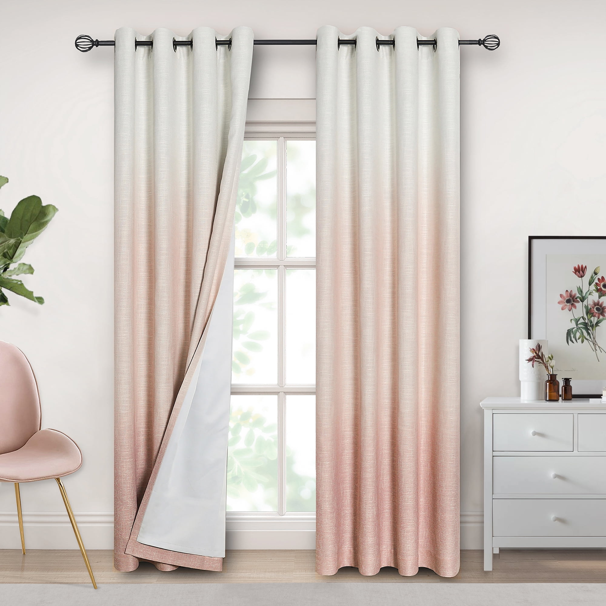 Uptown Home Pink White Ombre Full Blackout Window Curtain Panels Thermal Insulated Drapes Room Darkening Window Treatment for Girls Bedroom, 50"x 63"x2