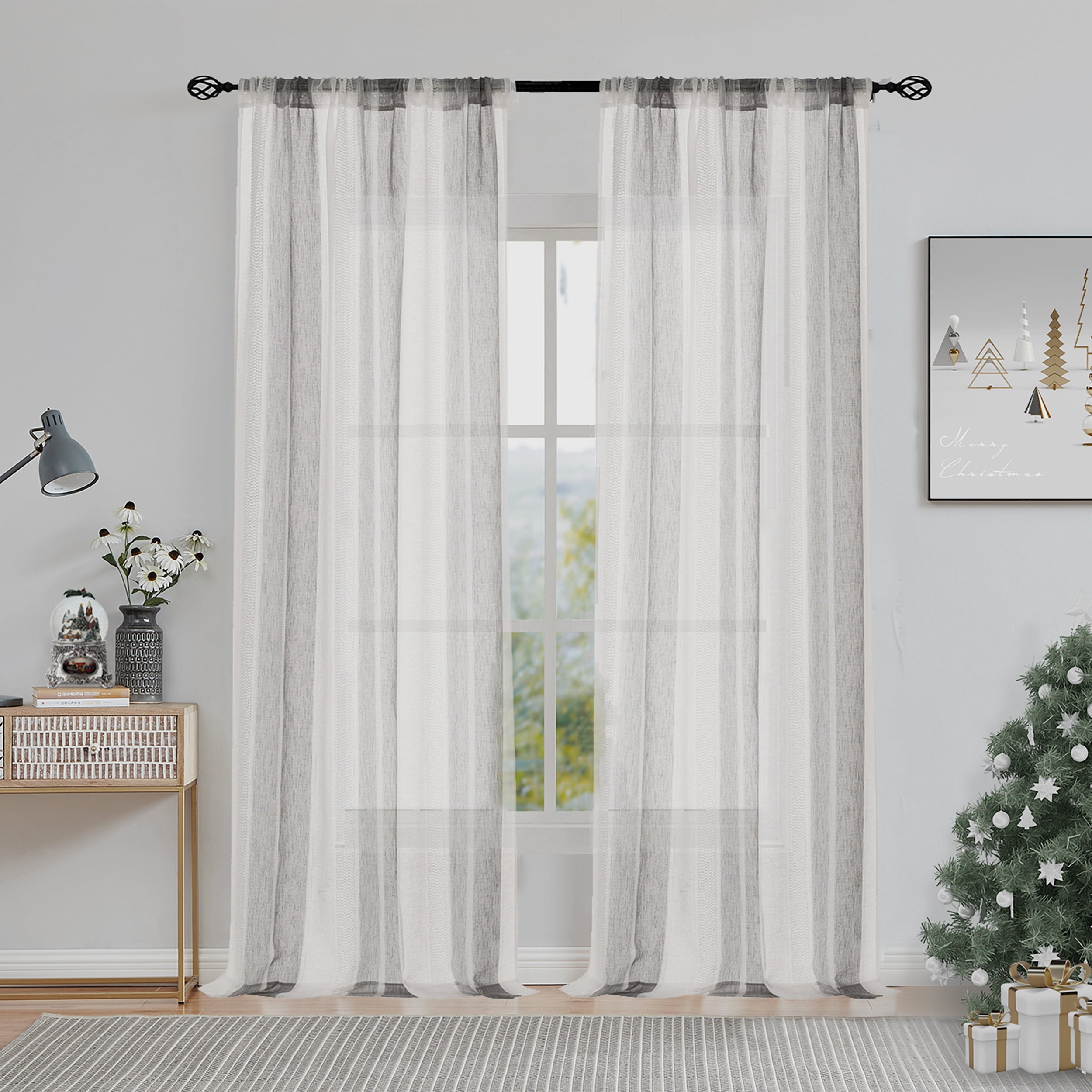 Uptown Home Semi Sheer Stripe Rustic Window Curtain Panels Provide Privacy for Bedroom Living Room Linen Rod Pocket Drapes, 50"x 95"x2, Gray and White