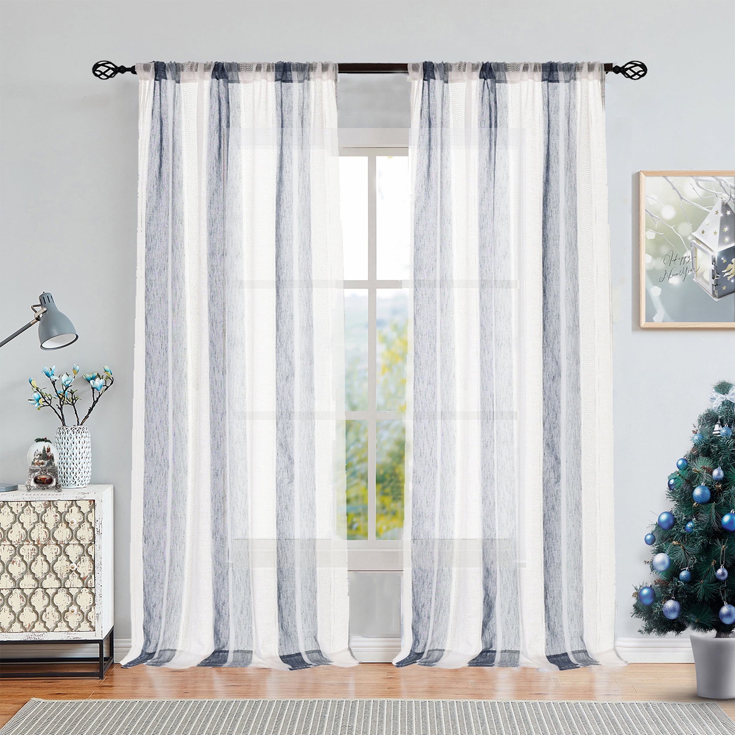 Uptown Home Semi Sheer Stripe Rustic Window Curtain Panels Provide Privacy for Bedroom Living Room Linen Rod Pocket Drapes, 50"x 95"x2, Navy Blue and White