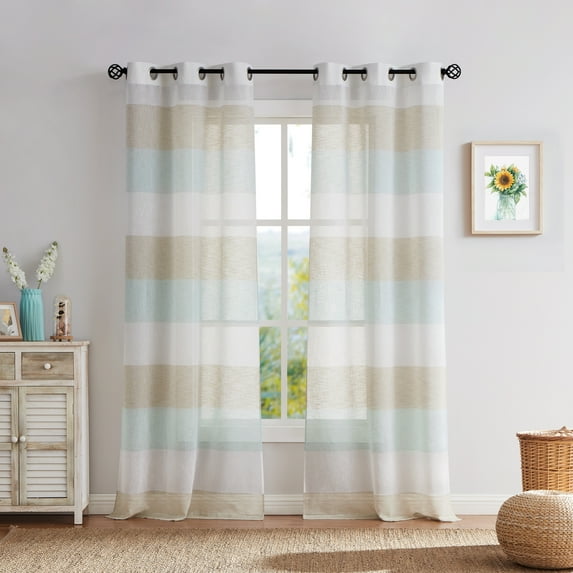 Uptown Home Tan and Spa Blue Color Block Grommets Window Sheer Curtain Panel for Bedroom Stripe Window Treatment for Living Room, 40"x95"x2