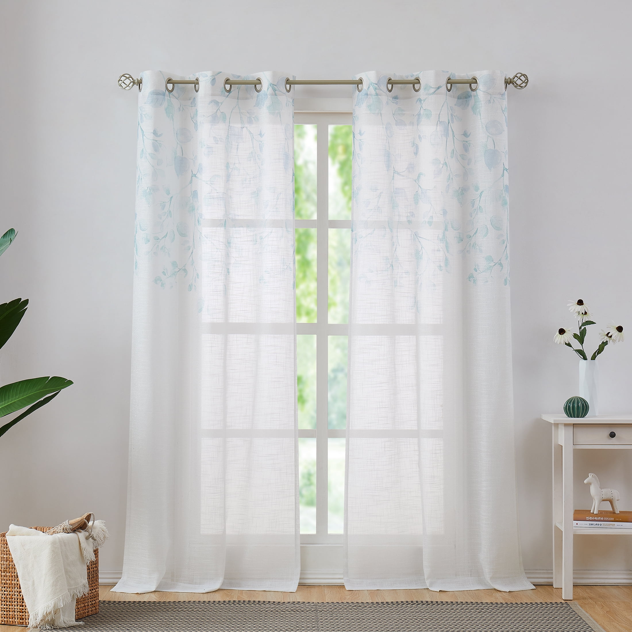 Uptown Home Teal Blue Leaf Floral Print Metallic Sheer Curtain Autumn Fall Window Curtain Panel for Living Room Rustic Sparkling Decorative Grommets Top Farmhouse Drapes,40"x84"x2