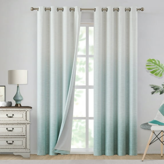 Uptown Home Teal White Ombre Full Blackout Window Curtain Panels Thermal Insulated Drapes Room Darkening Window Treatment for Bedroom, 50"x 63" x2
