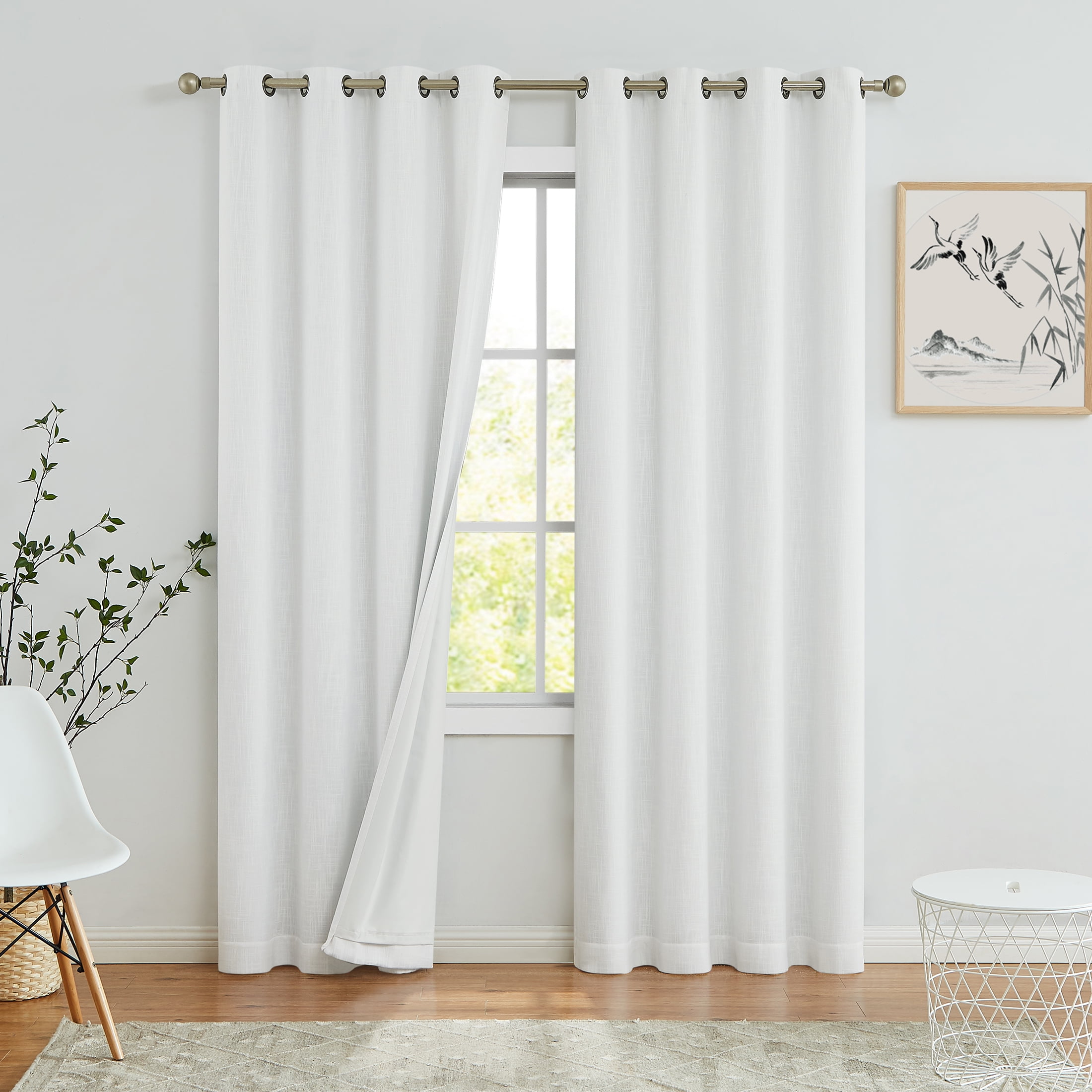 Uptown Home White Solid Heavy Linen Textured Full Blackout Curtain Panle for Bedroom Living Room Office with Gray Liner, Grommet, 50"x84"x2