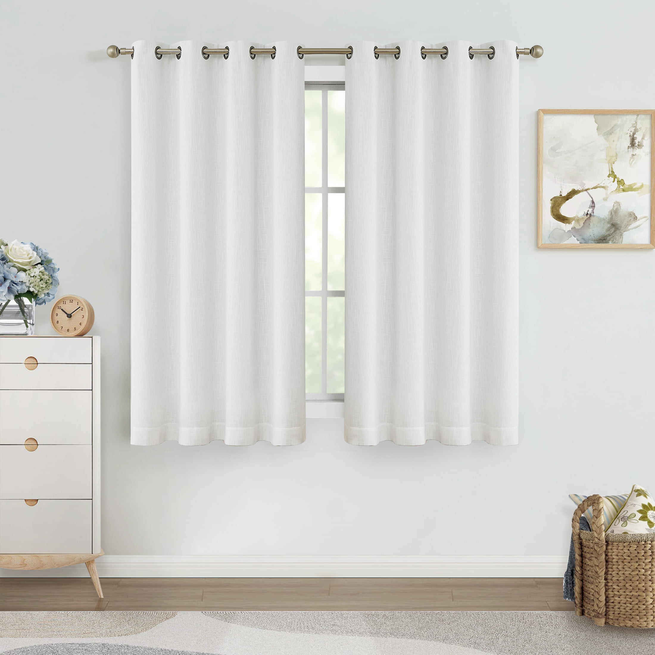 Uptown Home White Solid Heavy Linen Textured Blackout Curtain for Bedroom Living Room Office, Grommet, 50"x63"x2