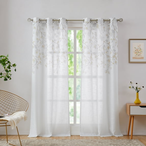 Uptown Home Yellow Leaf Floral Print Metallic Sheer Curtain Autumn Fall Window Curtain Panel for Living Room Rustic Sparkling Decorative Grommets Top Farmhouse Drapes,40"x84"x2