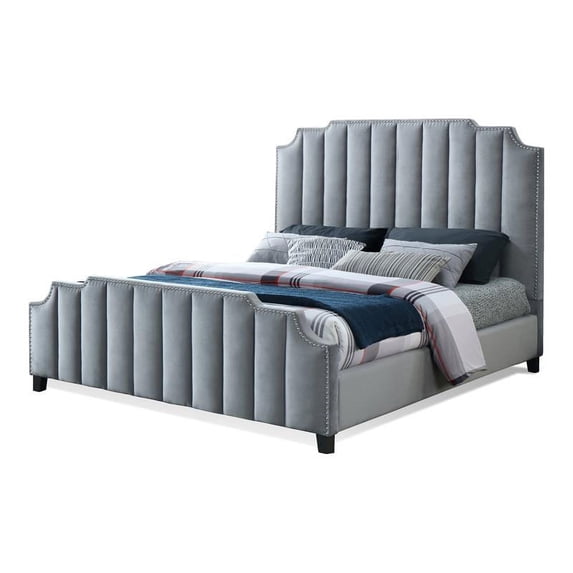 Uptown-Modern Solid Wood/Velvet King Bed with Nail Heads in Gray