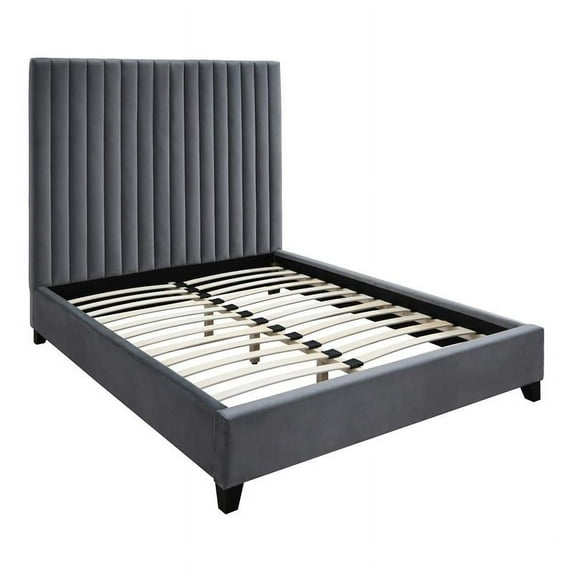 Uptown-Modern Solid Wood/Velvet Upholstered Queen Bed in Gray