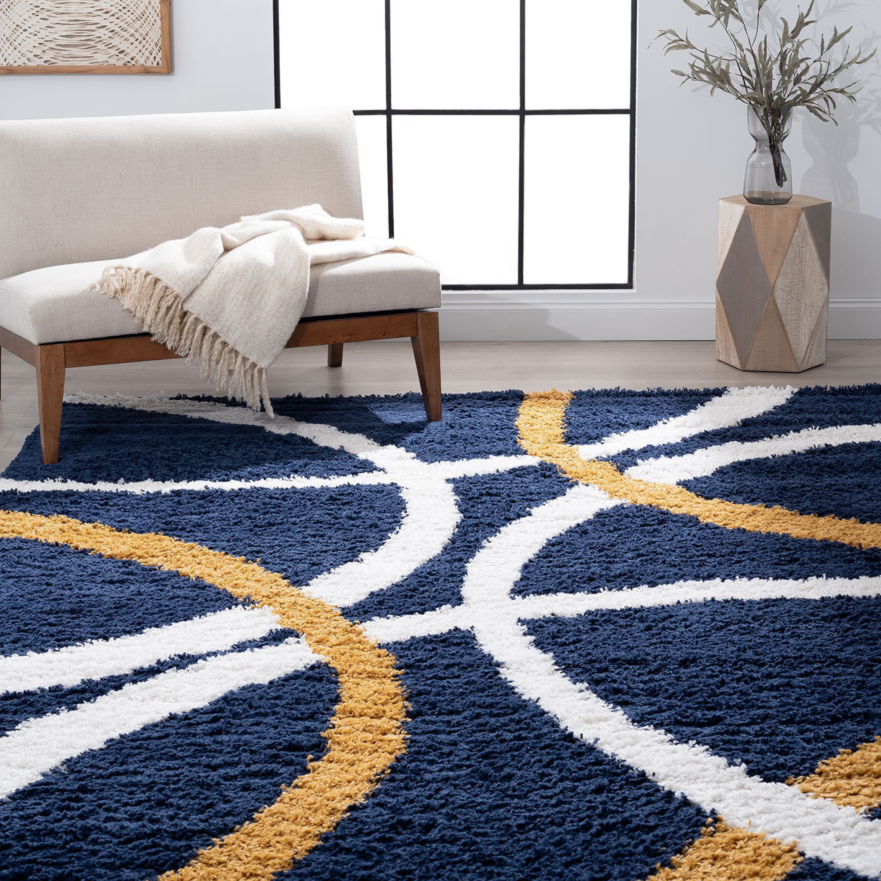 Uptown Shag Contemporary Shag Thick Navy and Gold Indoor Area Rug, 6.7' x 9'