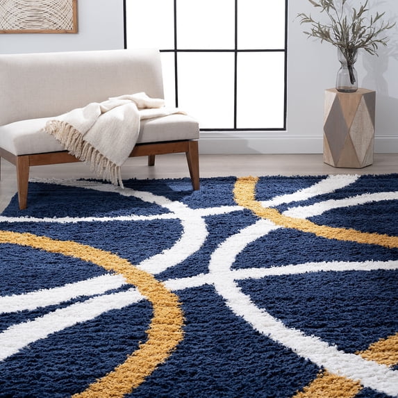 Uptown Shag Contemporary Shag Thick Navy and Gold Indoor Area Rug, 6.7' x 9'