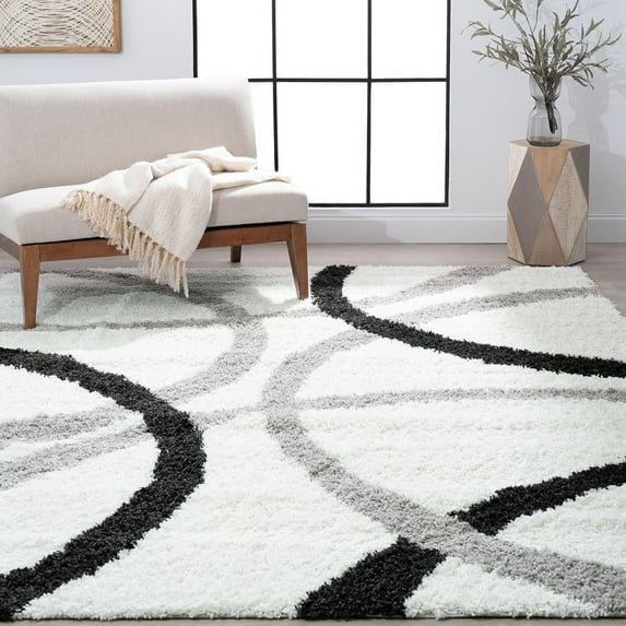 Uptown Shag Contemporary Shag Thick White and Silver Indoor Area Rug, 6.7' x 9'