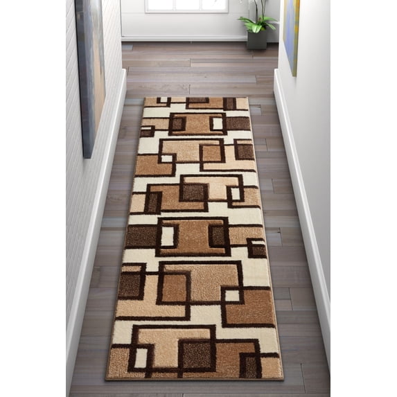 Uptown Squares Ivory & Brown Modern Geometric Comfy Casual Hand Carved Runner Rug 2x7 ( 2' x 7' ) Easy to Clean Stain Fade Resistant Abstract Boxes Contemporary Thick Soft Plush Living Dining Room