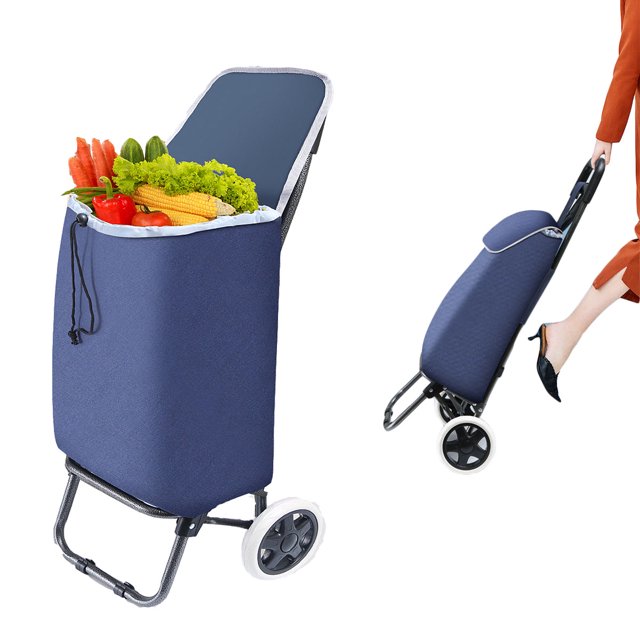 Uptyia Folding Shopping Cart with Blue Bag Grocery Cart with Wheels
