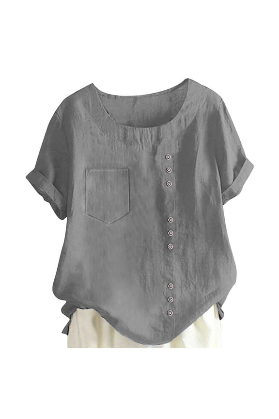 Button-up Gauze Tops Cotton Linen Shirts for Women 2025 Summer Short Sleeve V Neck Button Down Tops Oversized Tshirts Women Linen Shirts Button Down Cotton Blouses V Neck Collared Gray 3XL