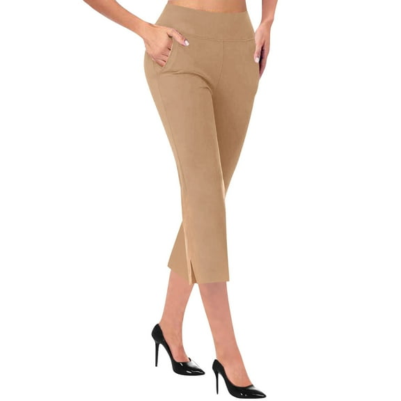 Uqiangy Capri Pants for Women Dressy Pull On Stretch High Waisted Crop Work Leggings with Pockets igh Waisted Pull On Dress Pants Slim Straight Leg Stretchy Waist Capris Trousers Pants Khaki 2XL