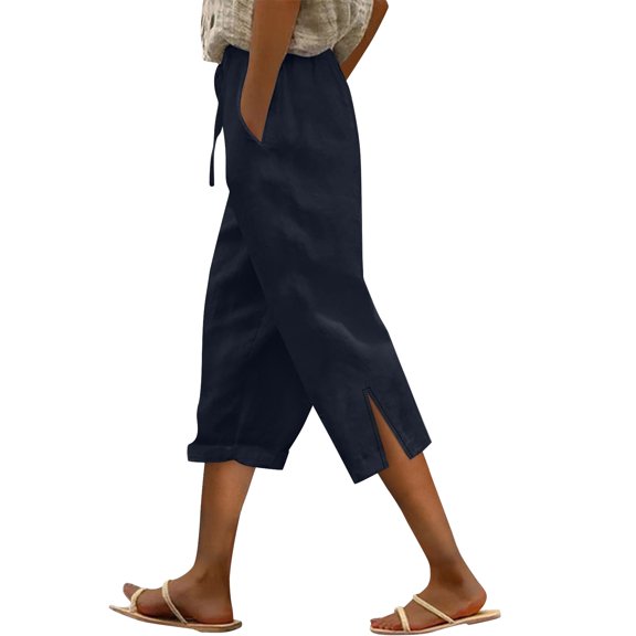 Uqiangy Cropped Pants For Women Linen Capri Pants Linen Drawstring Pants Women Drawstring Linen Pants Women Capri Pants For Women Capris Pants For Women Elastic Waist Pants For Women Black XL