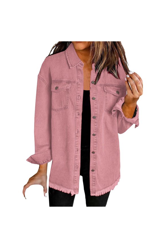 Denim Shirt Women Long Denim Jacket for Women Lightweight Trendy Jean Button Down Shirts Jackets Oversized Shackets with Pockets Denim Shirt Jacket Denim Shirts For Women Trendy Pink L