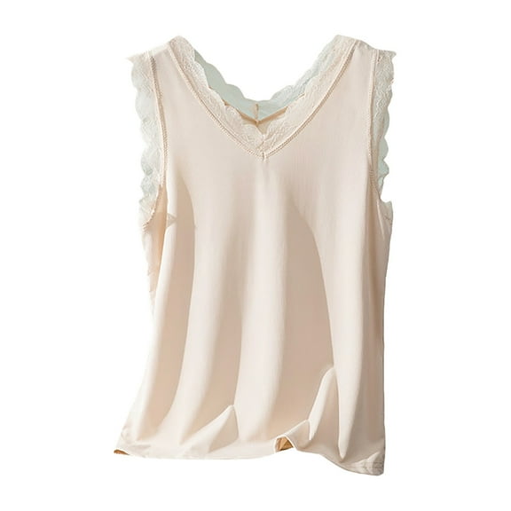 Uqiangy Lace Camisole Tank Tops for Women V Neck Wide Strap Soft Ribbed Lace Trim Cami Going Out Tops Ribbed Cami Undershirts Lace Straps Top for Girl Women Soft Stretch Ribbed Cotton Cami Beige L