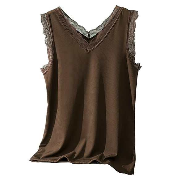 Uqiangy Lace Camisole Tank Tops for Women V Neck Wide Strap Soft Ribbed Lace Trim Cami Going Out Tops Ribbed Cami Undershirts Lace Straps Top for Girl Women Soft Stretch Ribbed Cotton Cami Coffee 2XL