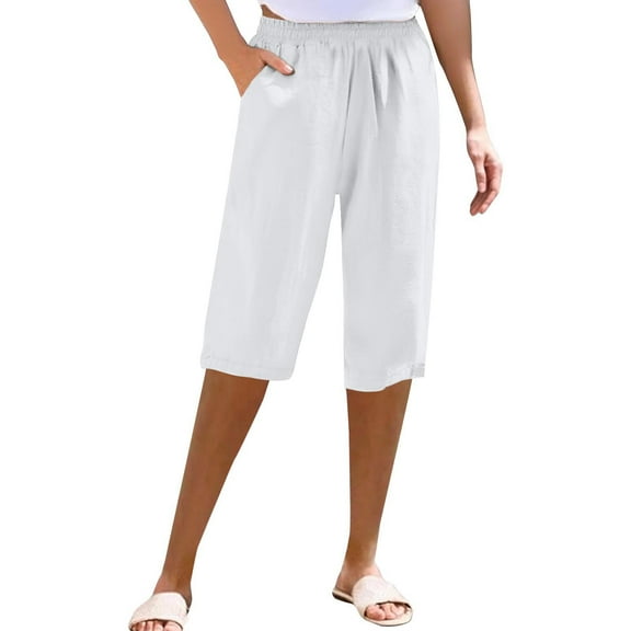 Uqiangy Linen Palazzo Trousers High Waisted Drawstring Capris Women's Linen Wide Leg Capri Pants Cropped Pants Women Boho Capris For Women Linen Cropped Pants Women Linen Capris For Women White XL