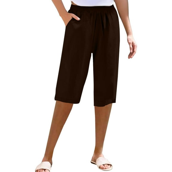 Uqiangy Linen Palazzo Trousers High Waisted Drawstring Capris Women's Linen Wide Leg Capri Pants Cropped Pants Women Boho Capris For Women Linen Cropped Pants Women Linen Capris For Women Brown 2XL