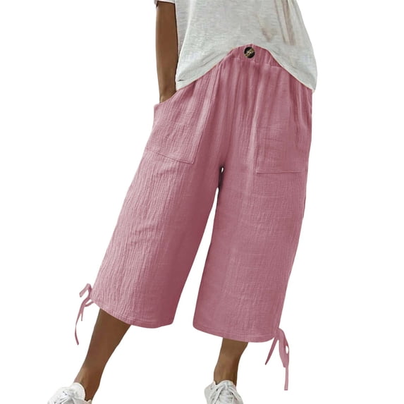 Uqiangy Linen Palazzo Trousers Women's Linen Wide Leg Capri Pants Waist Flowy Pants Linen Pants Women Plus Size High Waisted Drawstring Capris Linen Cropped Pants Women Boho Capris For Women Pink S
