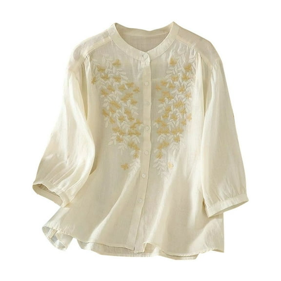 Uqiangy Linen Shirts for Women Summer 2025 Retro Embroidered 3/4 Sleeve Boho Tops Dressy Blouses Teacher Loose Tunics Cotton Peasant Blouses For Women Cotton Eyelet Tops For Women Beige L