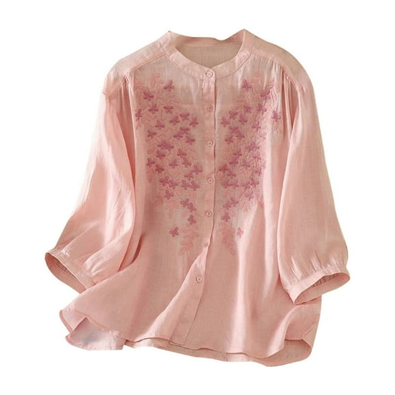 Uqiangy Linen Shirts for Women Summer 2025 Retro Embroidered 3/4 Sleeve Boho Tops Dressy Blouses Teacher Loose Tunics Cotton Peasant Blouses For Women Cotton Eyelet Tops For Women Pink 3XL