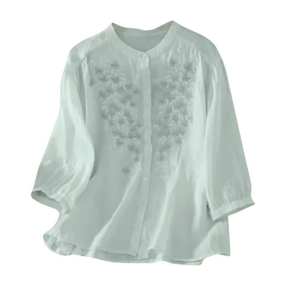 Uqiangy Linen Shirts for Women Summer 2025 Retro Embroidered 3/4 Sleeve Boho Tops Dressy Blouses Teacher Loose Tunics Cotton Peasant Blouses For Women Cotton Eyelet Tops For Women Blue 3XL