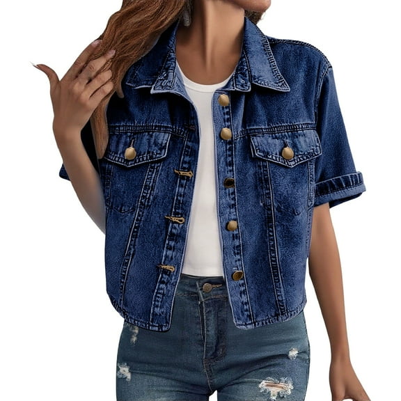 Uqiangy Oversized Jean Jacket Fall Clothing for Women Jackets for Women Trendy Denim Top Dark Wash Denim Jacket Summer Jackets for Women Womens Clothing Blue L