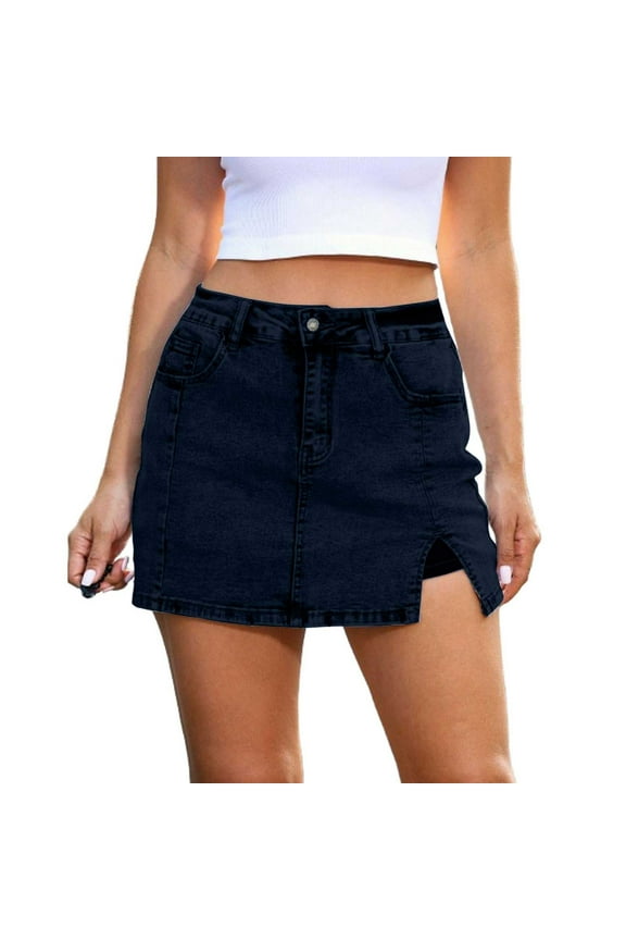 Skort With Slit Jean Skirts For Women Denim Jean Skirt Women'S Casual Jean Skirt High Waist Back Slit Stretch Denim Skirts Fashion Slit Women'S Denim Short Skort Black M