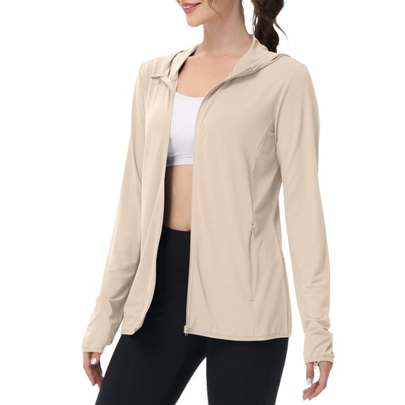 Uqiangy Stand Collar Full Zip Top Sun Protection Jacket Women Short Active Jacket Outdoor Jacket Women Short Long Sleeve Hiking Shirt Women Zip Up Workout Jacket Women Zip Top Beige L