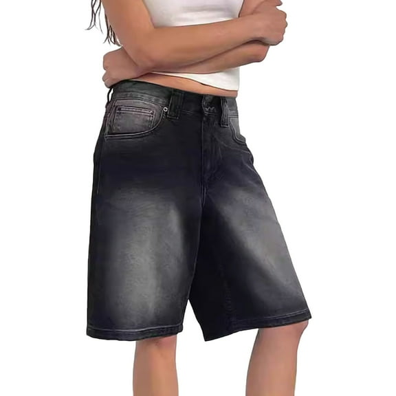 Uqiangy Women Baggy Low Rise Women Baggy Denim Shorts Y2k Vintage Straight Leg Denim Shorts Casual Knee Length Jean Jorts with Pockets Black L