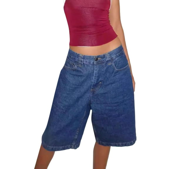 Uqiangy Women Baggy Low Rise Women Baggy Denim Shorts Y2k Vintage Straight Leg Denim Shorts Casual Knee Length Jean Jorts with Pockets Dark blue XL
