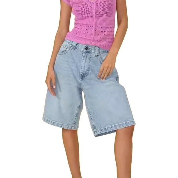 Uqiangy Women Baggy Low Rise Women Baggy Denim Shorts Y2k Vintage Straight Leg Denim Shorts Casual Knee Length Jean Jorts with Pockets Light blue L