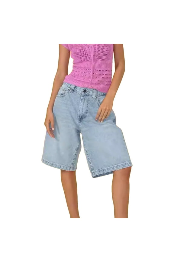 Women Baggy Low Rise Women Baggy Denim Shorts Y2k Vintage Straight Leg Denim Shorts Casual Knee Length Jean Jorts with Pockets Light blue S
